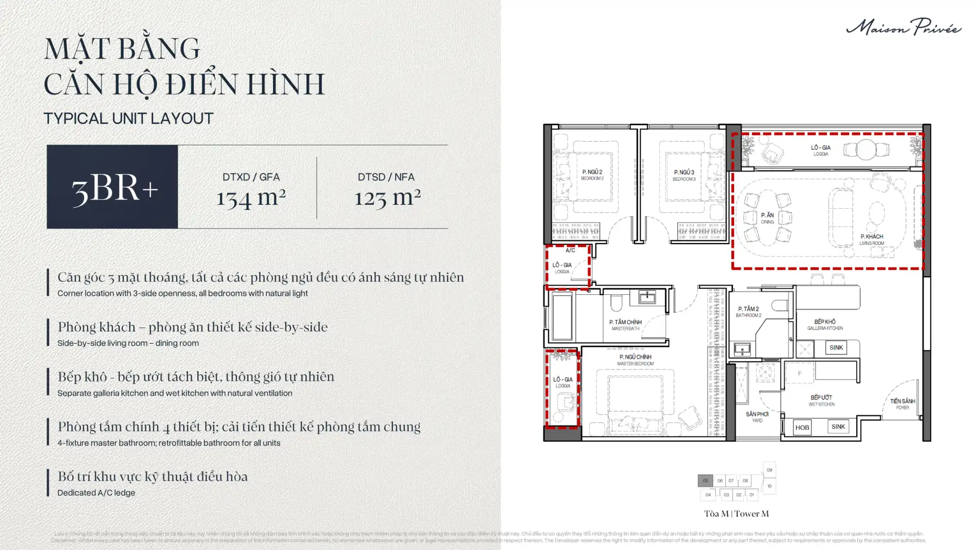 Layout căn hộ 3 phòng ngủ tiêu chuẩn Tòa M Maison Privée